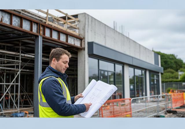 Construction project manager reviewing plans beside a partly completed commercial building in Ireland