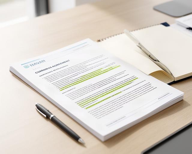 Open commercial agreement and notebook on a meeting table in a bright Navan office