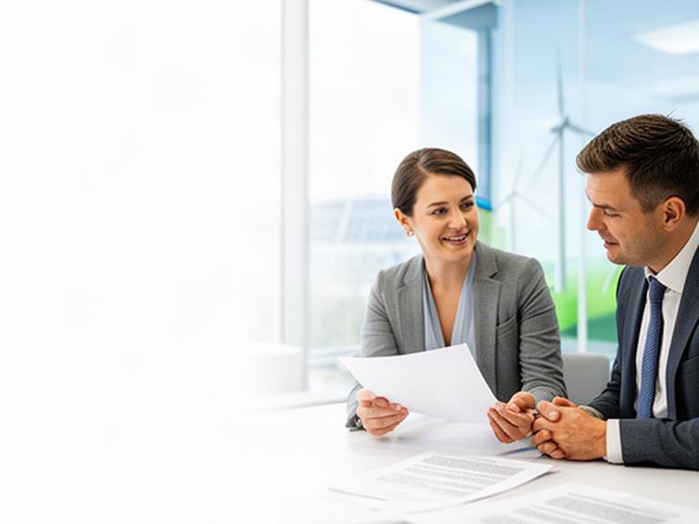 Healthcare and renewable energy business representatives reviewing a contract at a bright meeting table
