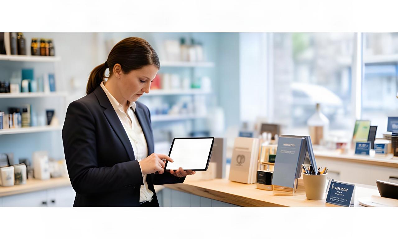 Retail owner reviewing a tablet beside a neatly arranged shop counter in a bright Irish store