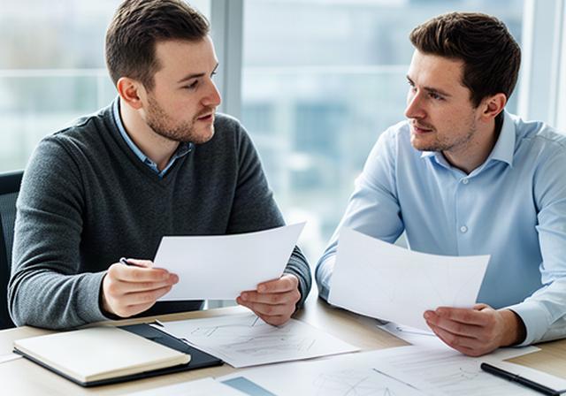 Two Irish start-up founders reviewing company documents together at a bright office table